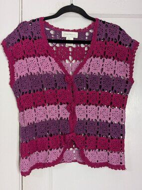 Susan Bristol Women's Pink Purple Cardigan Open Hand Knit Size Large Boho VTG